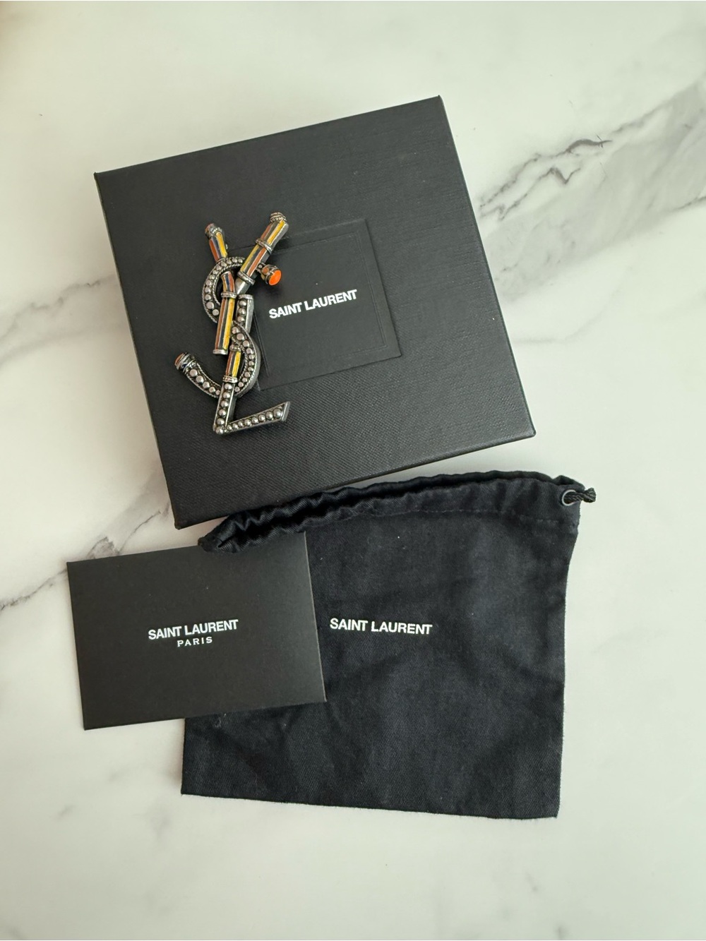 Saint Laurent YSL Logo Brooch with Orange and Yellow Accents